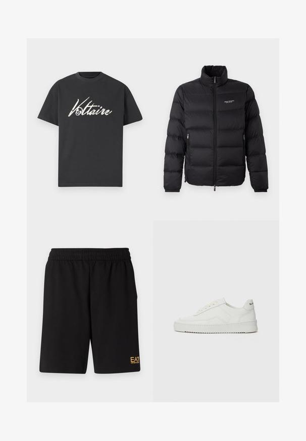 Musternõelaga must puffer jakk kõrge kaelusega, esisilindiga ja kahe küljetaskuga. Kergelt tikitud kangas brändi logoga rinnal.; Must musta T-särk, millel on suur valge graafiline trükk "Voltaire" koos kolju kujundiga. Lühikesed varrukad, ümar kaelus ja lõdva istuvusega.; Mustad mustad lühikesed püksid, mis on valmistatud pehmest kangast. Omavad elastset vöökohta ja väikest kollast EA7 logo vasakul jalal.; Valge nahast tennis, millel on sile põhi, ümar varvas, lamedad nöörid ja tekstuuriline tall. Sisaldab diskreetset logo kontsaribal.