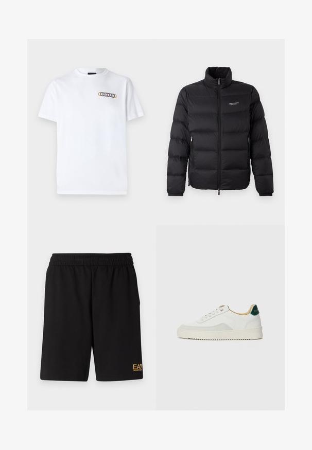 Čierna zateplená bunda s vysokým golierom, s predným zipsom a dvoma bočnými vreckami. Jemne prešívaná tkanina s logom značky na hrudi.; Biela bavlnená tričko s okrúhlym výstrihom, krátkymi rukávmi a viacfarebným kruhovým vzorom vyšívaným na hrudi.; Čierne športové šortky vyrobené z jemného materiálu, s elastickým pásom a malým žltým logom EA7 na dolnej ľavej nohe.; Biele tenisky s semišovými akcentmi, zaoblenou špičkou, plochými šnúrkami a krémovou gumovou podrážkou. Na päte sú zelené značky.