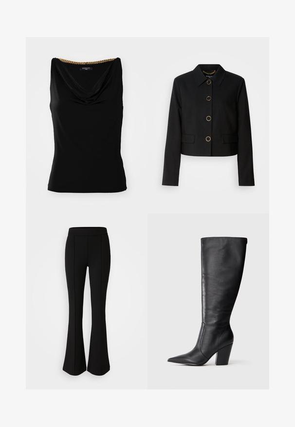 MARCIANO BY GUESS CHRISTINA CROPPED JACKET - Letná bunda - black; Čierny bezrukávový top s prehodeným výstrihom a zlatým reťazovým akcentom na pleci. Vyrobené z hladkej tkaniny s priliehajúcim strihom.; Čierne rozšírené nohavice vyrobené z elastického materiálu s hladkou textúrou, so švovými detailmi pozdĺž prednej časti pre zvýraznenie dizajnu.; Čierna kožená čižma po kolená s špicatou špičkou a masívnym vysokým podpätkom, zobrazená v profilu zľava na bielom pozadí.