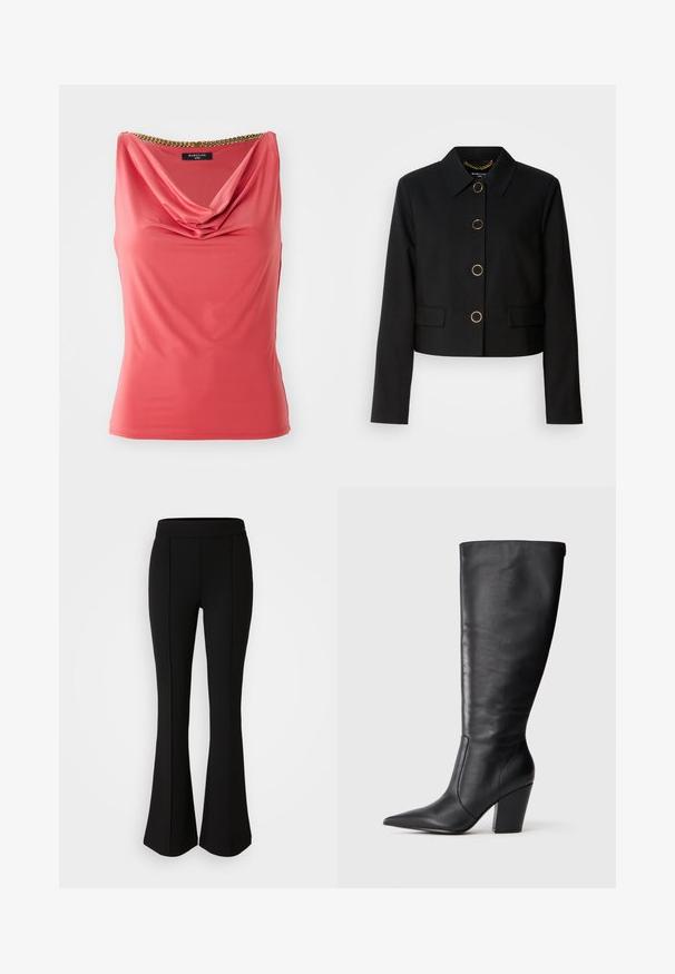 MARCIANO BY GUESS CHRISTINA CROPPED JACKET - Lichte jas - black; Koraal kleurige mouwloze top met een gedrapeerde halslijn en gouden kettingdetail bij de kraag. Gladde, rekbare stof met een getailleerde pasvorm en zonder patronen.; Zwarte flared broek gemaakt van een rekbaar materiaal met een gladde textuur, met naaddetails aan de voorkant voor extra ontwerp.; Zwarte leren kniehoge laars met puntige neus en chunky hoge hak, getoond in zijaanzicht aan de linkerkant op een witte achtergrond.