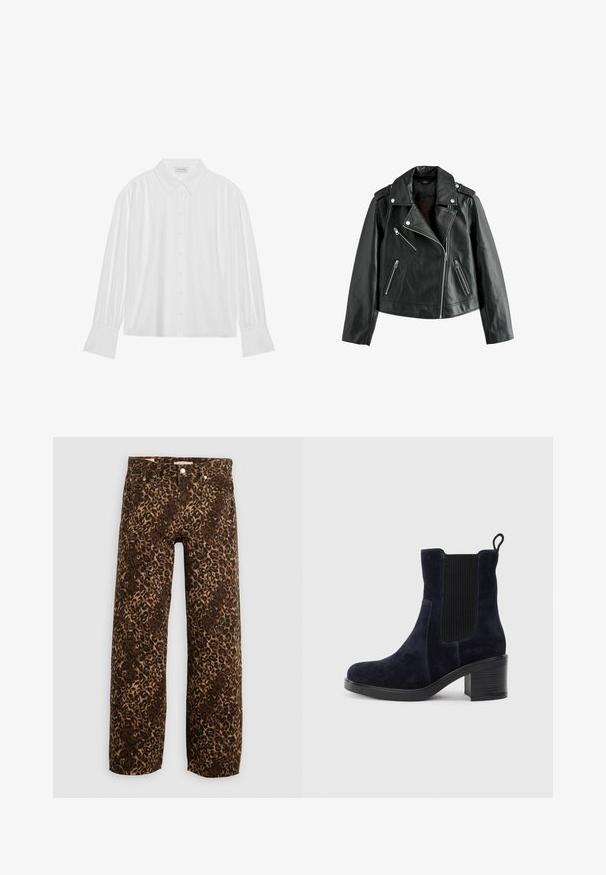Veste de motard en cuir noir avec des zips argentés asymétriques, un col à revers, des épaulettes et des poches zippées.; Blouse blanche à manches longues avec un col, une fermeture à boutons sur le devant et des détails plissés aux épaules et aux manches. Texture de tissu lisse.; Jean large en imprimé léopard marron et beige. Fabriqué en denim, avec une conception classique à cinq poches et des accents en métal.; Bottines en suede bleu marine avec panneau latéral élastique, bout rond et talon carré. Le tissu texturé et la semelle lisse ajoutent du contraste.