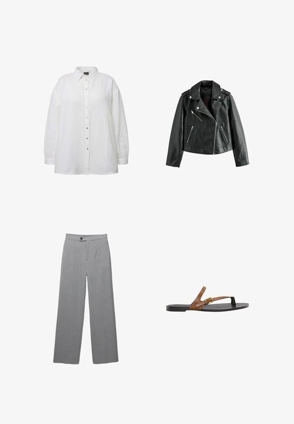Schwarze Leder-Bikerjacke mit asymmetrischen silbernen Reißverschlüssen, Reverskragen, Schulterepauletten und Reißverschlusstaschen.; Weißes Hemd mit Knopfleiste aus strukturiertem Stoff, mit klassischem Kragen, langen Ärmeln und perlmuttartigen Knöpfen an der Vorderseite.; Graue maßgeschneiderte Hosen mit weitem Bein, flacher Front und subtiler Textur. Mit einem einzigen Knopfverschluss und klaren Linien.; Sandale aus braunem Leder mit einem goldenen Schnallendetail, flacher schwarzer Sohle und minimalistischer Gestaltung, mit einer glatten Textur.