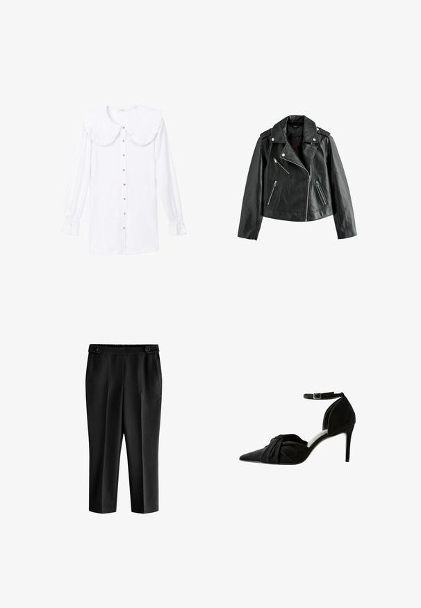 Černá kožená motorkářská bunda s asymetrickými stříbrnými zipy, klopový límec, ramenní výložky a kapsy na zip.; Touché Privé COLLAR DETAILED - Košilová halenka - white; Černé zkrácené kalhoty s uvolněným fit, elastickým pasem a dvěma předními kapsami. Materiál má hladkou texturu s mírně lesklým povrchem.; Černá semišová vysoká bota na podpatku s špičatou špičkou, uzlovým detailem v přední části, páskem kolem kotníku a tenkým jehlovým podpatkem.