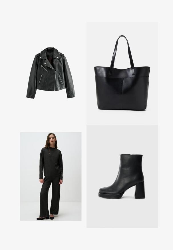 Zwarte leren motorjack met asymmetrische zilveren ritsen, schootskraag, schouderepauletten en ritszakken.; Zwarte langemouwen top met uitlopende manchetten, een zachte textuur en een relaxed fit, met een eenvoudige ronde halslijn.; Grijs gebreid lounge set met een gestructureerd ruitpatroon, een relaxte fit met lange mouwen bovenstuk en een broek met wijde pijpen, gecombineerd met zwarte flats.; Zwarte leren enkelboot met een blokhak en platformzool, zijaanzicht op een effen witte achtergrond.; Zwarte leren tote bag met twee lange handvatten, een zachte textuur en een gestructureerde vorm. Voorzien van een voorvak voor extra opslagruimte.