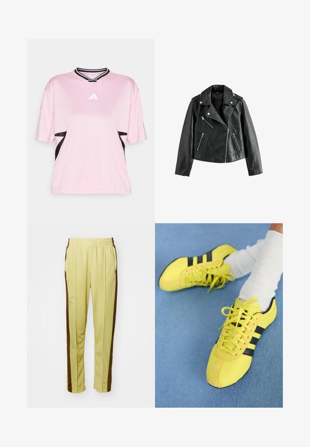Melna ādas motoklubu jaka ar asimetriskām sudraba rāvējslēdzēm, apkakli, plecu epauletiem un rāvējslēdzēju kabatām.; Rozā sporta krekliņš ar īsām piedurknēm, melniem akcentiem un melnu svītru apkakli. Krūšu daļā ir balts Adidas logo.; Dzelteni sporta bikses ar gludu audumu, ar brūnām sānu svītrām, elastīgu jostu un divām sānu kabatām.; Spilgti dzelteni sporta apavi ar melnām svītrām un auklām; tiem ir teksturēts virspusējais slānis un zamšādas akcenti. Valkāti ar baltām ribotām zeķēm.