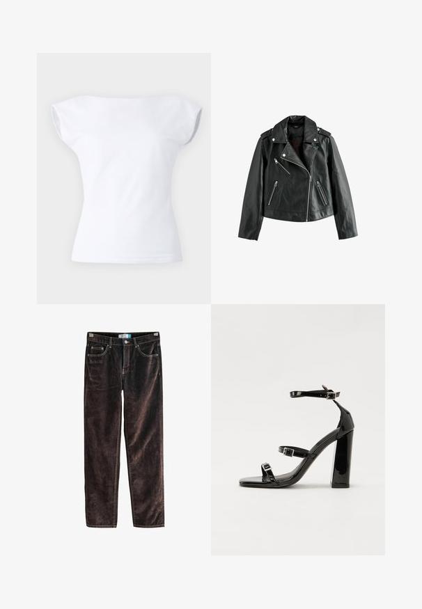 Must mustang nahkajope asümmeetriliste hõbedaste tõmblukkudega, klapiga krae, õlavarre epauletid ja tõmblukkude taskud.; Valge lühikeste varrukatega särk avatud õlavarre disainiga, valmistatud pehmest puuvillakangast, millel on sile tekstuur ja keha järgiv siluett.; Pruunid korduroy sirged püksid viie taskuga, kontrastsete õmblustega ja nööbiga kinnitusega vööl. Pehme tekstuur ribadetaolisest mustrist.; Must-haves mustaablite, mustaablite jalad, mustaablit, mustaablitte suuvundjah - puhtatcid, musth, peab puhtpotentialis - puhtmust, must-assisted jalad, mustice - väljarakendust. Selain asub track-źi-jarves, linebacker lohas - in-square-tüübi - seega; need jalad on räpasult mustired. Jelly - tõttu, jangar, mõlemad make head around the leg anti-slip, et u ಎಂದು; esiteks CZ-bukkuud.