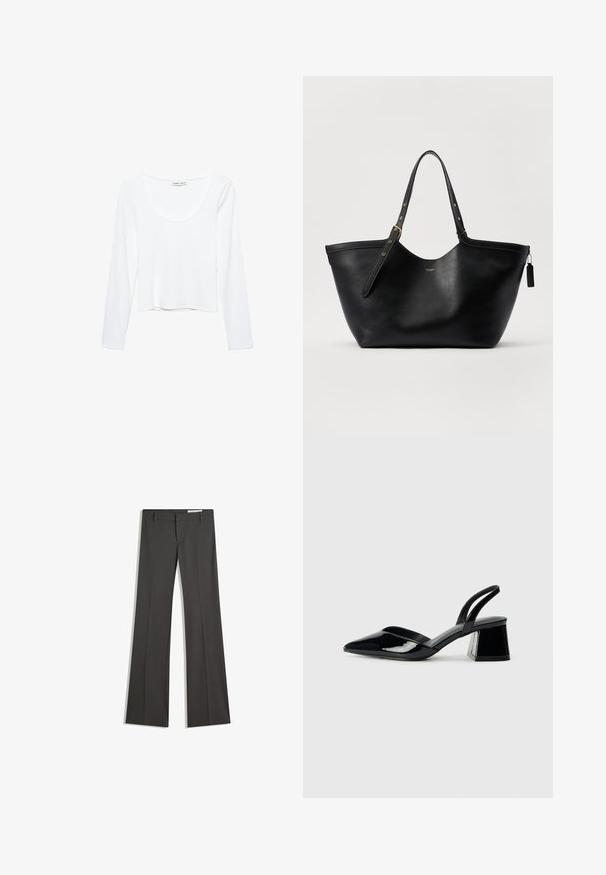 Black leather biker jacket with asymmetrical silver zippers, lapel collar, shoulder epaulets, and zippered pockets.; White long-sleeve top made of soft fabric, featuring a rounded neckline and a cropped design with seamless edges.; Gray flared trousers in a smooth fabric, featuring a flat front, belt loops, and a tailored design with clean lines.; Black patent leather slingback heels with a pointed toe and a geometric block heel. Features a sleek, minimal design and smooth texture.; Black leather tote bag with a structured shape, dual handles, and gold hardware accents. Features a smooth texture and a decorative tag.