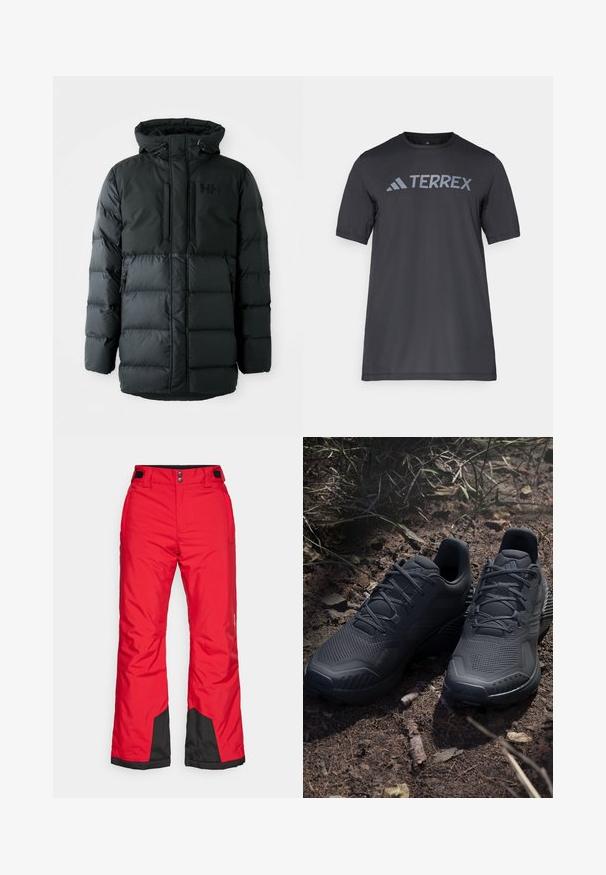 Schwarze Pufferjacke mit Frontreißverschluss, verstellbarem Kapuze und zwei Reißverschlusstaschen. Ausgestattet mit einem gesteppten Textur und Branding auf der Brust.; Schwarzes T-Shirt mit kurzen Ärmeln aus leichtem Stoff, mit einem hellgrauen "TERREX"-Logo auf der Brust und einem Rundhalsausschnitt.; Rote wasserdichte Skihosen mit einem schwarzen unteren Bereich, verstellbarem Bund und zwei Seitentaschen; hergestellt aus einem glatten, strapazierfähigen Material.; Schwarze Sportschuhe mit einem strukturierten Strickobermaterial, verstärkter Zehenkappe und gepolsterten Sohlen, die auf erdigem Boden mit verstreuten Zweigen präsentiert werden.