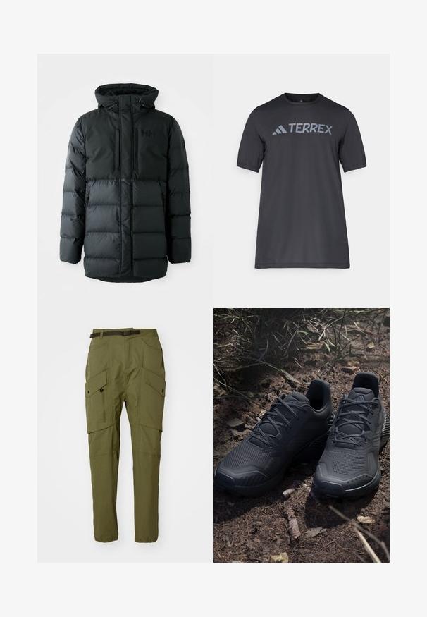 Musternaha must Jacket, millel on lukuga esiosa, reguleeritav kapuuts ja kaks lukuga taskut. Omab tikandit ja brändingut rinna peal.; Must musta t-särk, mis on valmistatud kergetest kangast, millel on kergehall "TERREX" logo rinnaeest ja ümar kaelus.; Oliivroheline kangast cargo-püksid, millel on mitmed küljekotid, vöö ning kitsenev äär koos elastsete mansettidega kindla istuvuse tagamiseks.; Mustad mustes spordijalanõud tekstuurse kudumisega pealisosa, tugevdatud varvas ja pehmendusega tallad, laotud maapinnale, kus on hajutatud oksakesi.