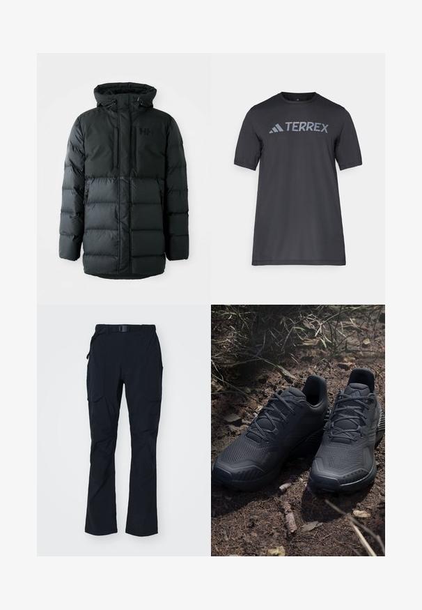 Casaco puffer preto com fecho em frente, capuz ajustável e dois bolsos com fecho. Apresenta uma textura acolchoada e uma marcação no peito.; Camiseta preta de manga curta feita de tecido leve, com o logótipo cinza-claro "TERREX" atravessando o peito e um decote redondo.; Calças exteriores pretas, leves, com um design reto, cintura elástica, cinto ajustável e dois bolsos laterais para armazenamento.; Sapatilhas atléticas pretas com um cabedal de malha texturizada, biqueira reforçada e sola acolchoada, expostas sobre um solo terroso com ramos espalhados.