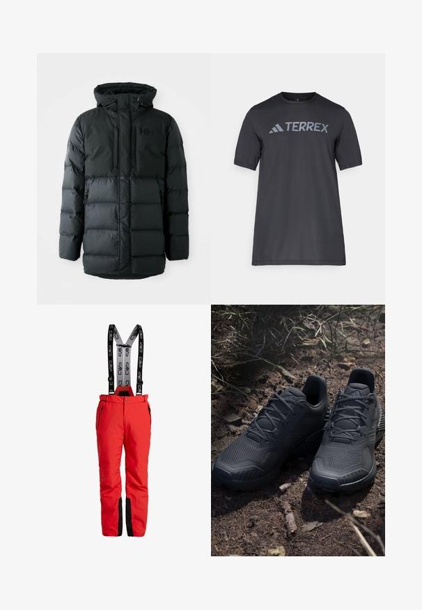 Zwarte pufferjack met een rits aan de voorkant, een verstelbare capuchon en twee ritszakken. Bevat een gestikte textuur en branding op de borst.; Zwarte korte mouwen t-shirt van lichtgewicht stof, met een lichtgrijze "TERREX" logo over de borst en een ronde hals.; Rode skibroek met verstelbare zwarte bretels met een logo. Inclusief ritszakken en zwarte accenten op de manchetten. Waterdicht materiaal.; Zwarte sportieve schoenen met een gestructureerde gebreide bovenkant, verstevigde neus en een gevoerde zool, tentoongesteld op aardse grond met verspreide takjes.