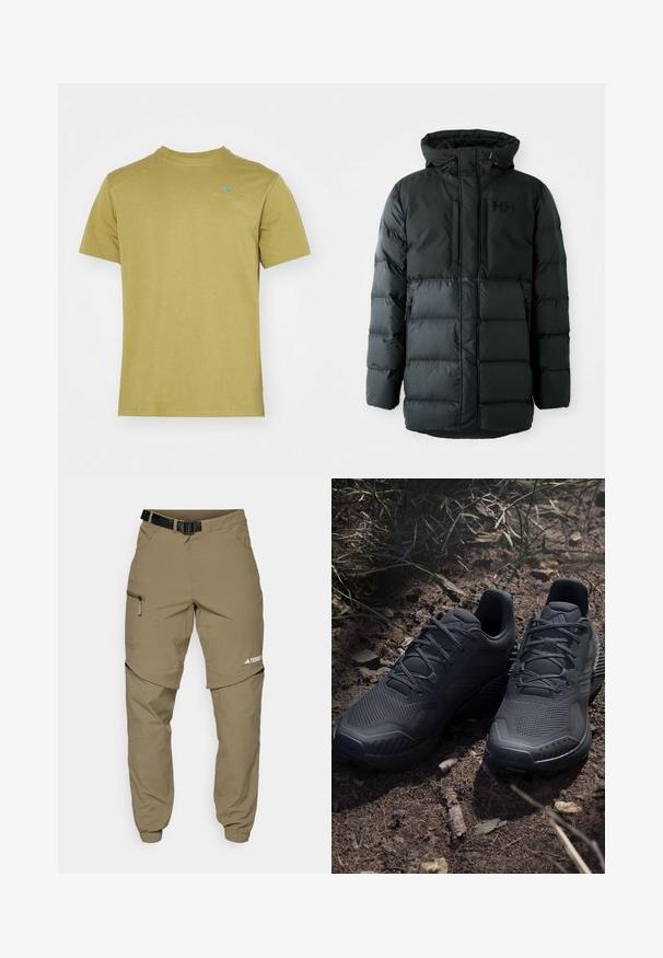 Giubbotto nero imbottito con zip frontale, cappuccio regolabile e due tasche con zip. Presenta una texture trapuntata e un marchio sul petto.; Klättermusen ROOT LOGO TEE - T-shirt basic - meadow green; Pantaloni da esterno khaki con cintura nera regolabile, tasche con zip, polsini affusolati e gambe inferiori staccabili per uno stile versatile.; Scarpe da ginnastica nere con una tomaia in maglia texturizzata, punta rinforzata e suola ammortizzata, esposte su un terreno terroso con ramoscelli sparsi.