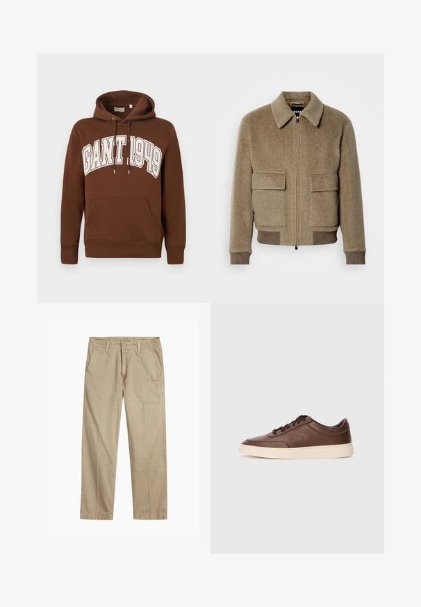 Rudas zigzaginiu raštu vilnos bomber tipo striukė su užtrauktuku, dviem kišenėmis ir guma rankogaliuose. Yra klasikinis kalnas ir subtili tekstūra.; Ruda medvilninė džemperio su kapišonu su kengūros kišene, raišteliu ir baltu užrašu „GANT 1949“ ant krūtinės. Ribinė apvadai rankovėse ir apačioje.; Bežiniai tiesaus kirpimo chinos kelnės su diržo kilputėmis, priekyje esančia mygtuko ir užtrauktuko uždarymo sistema, bei šoninėmis kišenėmis.; Rudos odinės sportbačiai su lygiu paviršiumi, apvaliu kulnu ir grietinėlės spalvos guma. Su juodomis raištelėmis ir subtiliu ženklinimu šone.