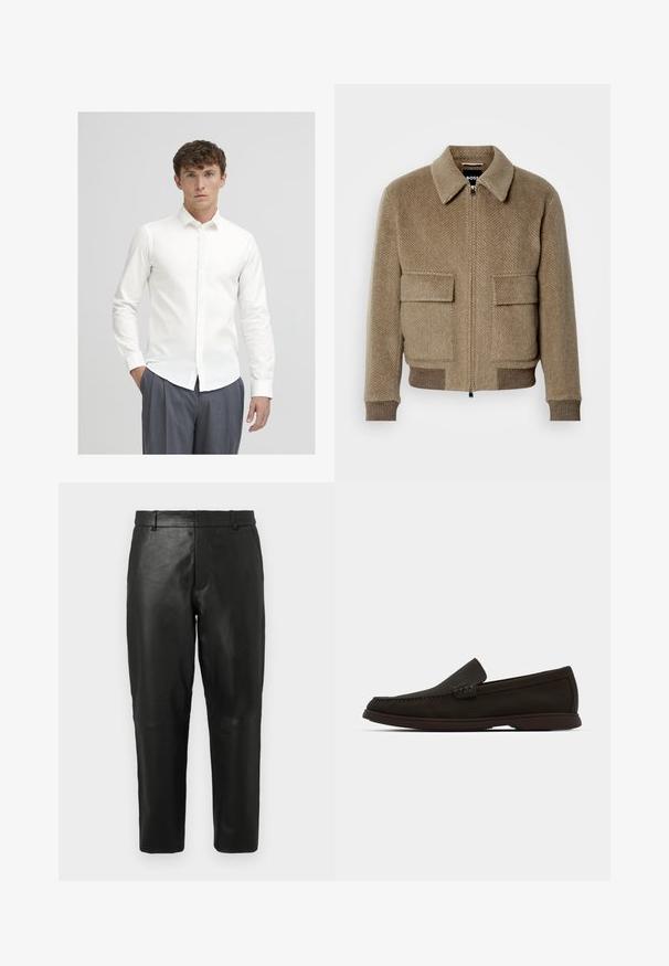 Smeđi vuneni bomber s uzorkom riblje kosti, s patentnim zatvaračem sprijeda, dva eksterna džepa i rebrastim manžetama. Ima klasični ovratnik i suptilnu teksturu.; Bijela košulja s dugim rukavima, izrađena od glatkog materijala. Ima klasični ovratnik i uski kroj, uparen s hlačama s sivim prugicama.; Crne kožne hlače ravnog kroja s petljama za remen i bočnim džepovima, prikazane na jednostavnoj svijetloj pozadini.; Tamno smeđe antilop cipele bez pertli s ušivenim prstom, niskim gumenim đonom i teksturiranim detaljima na gornjem delu.