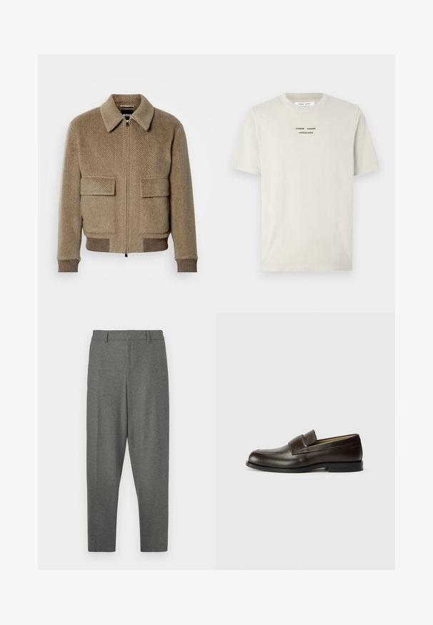 Barna halszálkás gyapjú bomberdzseki, cipzárral az elején, két zsebbekkel és bordázott mandzsettákkal. Klasszikus gallérral és finom textúrával rendelkezik.; Világos bézs pamut póló, rövid ujjú, kerek nyakú, a mellrészen középen fekete nyomott felirattal: "SAMSE SAMSØ COPENHAGEN".; Szürke, finoman szabott nadrág, puha anyagból készült. Jellemzői közé tartozik a derékpánt, övhurkok és a szűkített lábak kialakítása. Simább textúra, minta nélküli.; Calvin Klein Belebújós cipők - cocoa brown