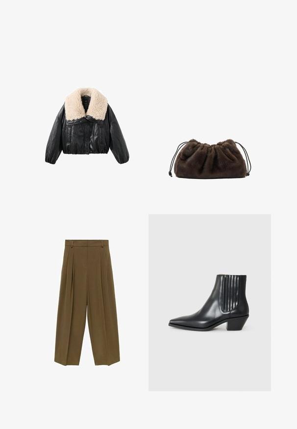 Mustat tekonahkaiset lyhytjakit, joissa on kermaisen värinen karvakaulus, puffat hihat ja edessä nappikiinnitys. Sisältää kaksi sivutaskua.; Gestuz MANZI ROLLNECK - Neule - deep graphite; Ruske hameet, joissa on korkea vyötärö, leveät lahkeet ja pehmeä kangastuntuma. Suunniteltu neljällä vyölenkillä ja siistillä etuosalla.; Musta nahkainen nilkk boot, jossa on terävä kärki, elastiset sivupaneelit pystyröytiä ja matala lohkarepohja. Sileä pinta ja tyylikäs muotoilu.; Pehmeä tumma ruskea tekoturkispussi, jossa on rypistynyt yläosa ja mustat nyörit kummallakin puolella.