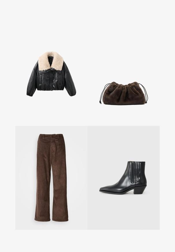 Sort faux læder cropped jakke med en cremefarvet shearling krave, puffede ærmer og lukning med knapper i front. Har to sidelommer.; Gestuz MANZI ROLLNECK - Striktrøje - deep graphite; Brune fløjl bukser med en bred benudskæring, der har lodrette ribber og en talje. Stoffet har et blødt, tekstureret udseende.; Sorte læder ankelstøvle med spids tå, elastiske sidepaneler med lodrette riller og en lav blokhæl. Glat tekstur og slankt design.; Blød, mørkebrun faux fur pouch taske med samlet top og sorte snore i hver side.
