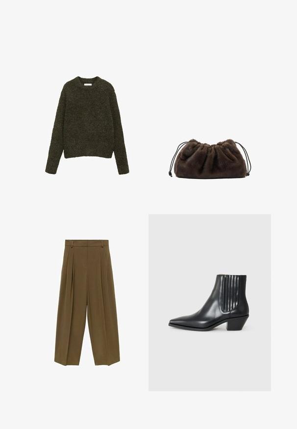 Črna umetna usnjena skrajšana jakna s smetanastim ovčjim krznom, napihnjeni rokavi in sprednjim zapiranjem na gumbe. Ima tudi dva stranske žepa.; Temno zelena, teksturirana jopica z okroglim izrezom in dolgimi rokavi; mehak preja z puhastim videzom, krojena rez. A; Rjave nabrane hlače z visokim pasom, širokimi hlačnicami in mehkim tekstilom, zasnovane s štirimi zankami za pas in čistim sprednjim delom.; Črne usnjene gležnjarje s koničastim nosom, elastičnimi stranskimi paneli z navpičnimi utori in nizko blokasto peto. Gladka tekstura in eleganten dizajn.; Mehakana temno rjava torbica iz umetnega krzna z zbranim vrhom in črnimi vrvicami na obeh straneh.