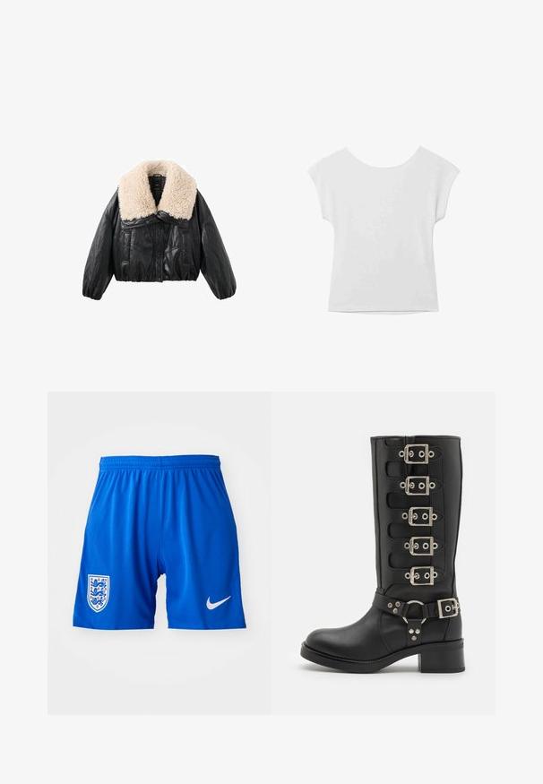 Crna jakna od umjetne kože skraćenog kroja s kremastim krznom na ovratniku, napučenim rukavima i zatvaranjem na gumbe sprijeda. Ima dva bočna džepa.; Bijela majica kratkih rukava s okruglim izrezom i opuštenim krojem. Izrađena od glatkog materijala, s blagom teksturom i čistim linijama.; Plave atletske kratke hlače s teksturiranim materijalom, elastičnom trakicom u struku, bijelim Nike logotipom i grbom engleske reprezentacije s lijeve strane.; Crne čizmice do koljena od glatke kože, s šest srebrnih kopči, širokom trakom s O-prstenom i čvrstim blok petom.