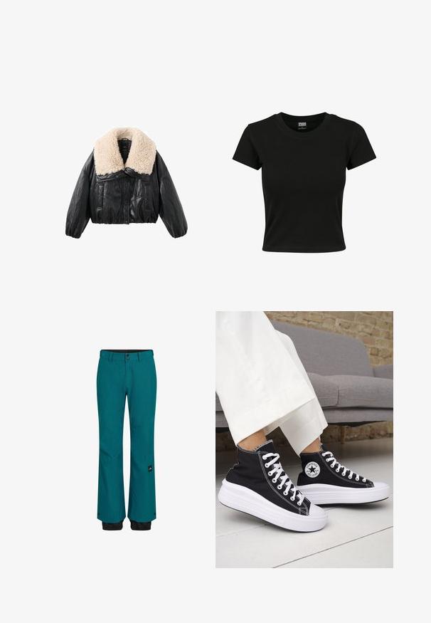 Black faux leather cropped jacket with a cream shearling collar, puffed sleeves, and front button closure. Features two side pockets.; Black short-sleeve t-shirt made of smooth cotton material, featuring a round neckline and a fitted shape. No visible patterns or accents.; Teal snow pants with a relaxed fit, featuring a black waistband and lower cuffs. Material is durable with a subtle texture and side logo patch.; Black high-top sneakers with white rubber soles and laces. Features a round logo patch and contrasting white stitching. Canvas material.