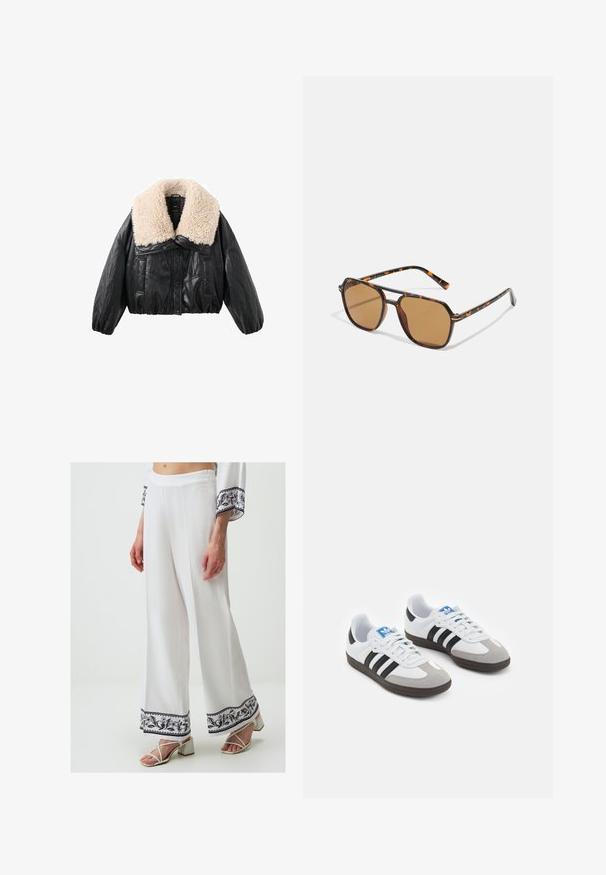 Schwarze Kunstleder-Cropped-Jacke mit einem cremefarbenen Schaffellkragen, gepufften Ärmeln und einer Knopfleiste vorne. Verfügt über zwei seitliche Taschen.; Schwarzer ärmelloser Body aus dehnbarem Material, mit hohem Kragen und figurbetontem Design mit einem Tanga-Unterteil. Keine Muster oder Metallteile.; Weiße weite Hosen mit strukturierter Oberfläche. Der Saum ist mit einem marineblauen Blumenmuster und dekorativen Bordüren verziert. Kombiniert mit weißen Sandalen mit Riemen.; Sportschuhe mit einem Obermaterial aus weißem Leder, grauer Wildleder-Zehenkappe und drei schwarzen Streifen. Sie verfügen über ein blaues Logo auf der Zunge und eine strukturierte Gummisohle.; Braun getönte Sonnenbrille mit einem Schildpatt-Rahmen, rechteckigen Gläsern und schlanken Bügeln, die ein orangefarbenes Akzentmuster aufweisen.