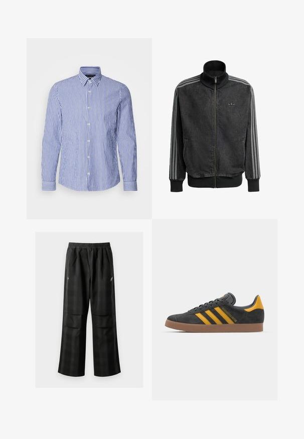 Crna sportska jakna na zatvaranje s visokom ovratnikom, siva trostruka oznaka duž rukava i rebrasti manžeti i donji rub. Ima diskretan logo na prsima.; Plava i bijela prugasta košulja dugih rukava s gumbima, izrađena od tkanog pamuka, s klasičnim ovratnikom i zaobljenim rubom. Sadrži biserne gumbe.; Crne karirane hlače s elastičnom urezom, dva prednja džepa i ležernim krojem s ravnim nogavicama. Izrađene su od laganog materijala.; Crne nubuk tenisice s žutim detaljima, sa tri pruge i smešnim gumenim potplatom. Imaju jastučić na jeziku za udobnost.