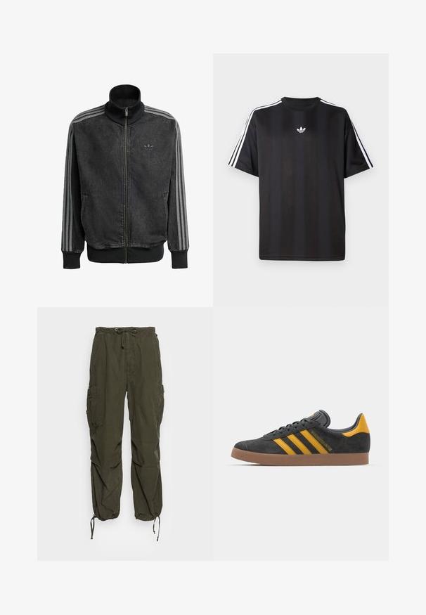 Črna jopica za šport z zadrgo in visokim ovratnikom, s sivimi črtami ob rokavih ter rebrastimi manšetami in spodnjim robom. Ima diskreten logotip na prsih.; Crna majica s kratkimi рукави in belimi трими črtami na ramah ter majhnim belim logotipom na prsih. Gladka tekstura tkanine.; Cargo hlače v olivno zeleni barvi, z elastičnim pasom z vrvico, več žepi in nastavljivimi manšetami za ožji kroj.; Črne semiš tene z rumenimi akcenti, ki vsebujejo tri trakove in rjavo gumo podplat. Vključujejo oblazinjeno jezik za udobje.