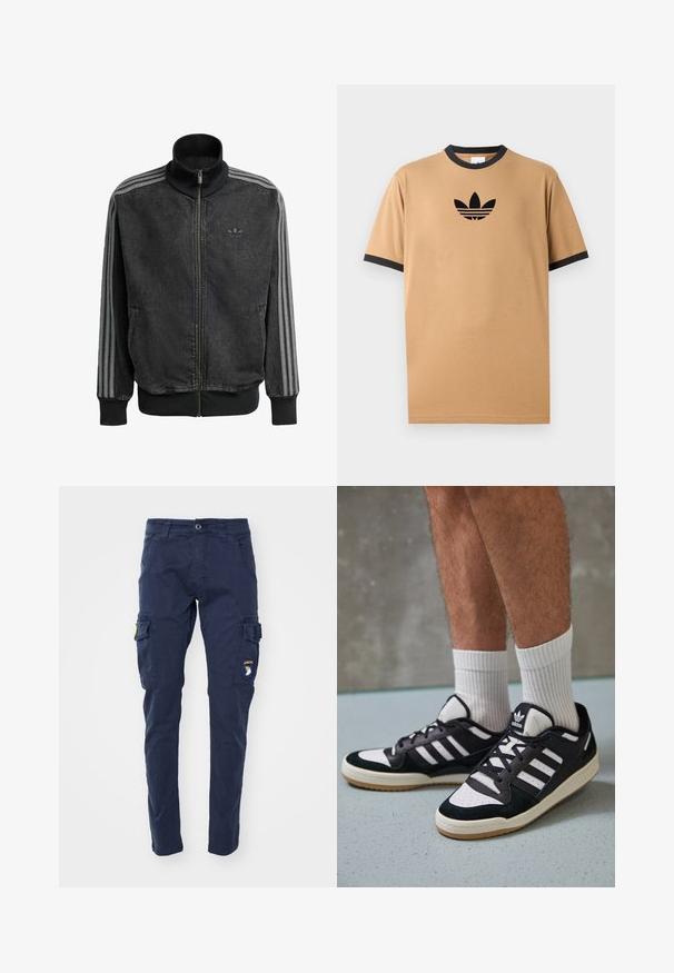 Mustan vetoketjullinen urheilutakki, jossa on korkea kaulus, harmaat kolmi-nauha-akcentit hihoissa sekä ribboneuleet hihoissa ja helmassa. Rinnassa on huomaamaton logo.; Beige puuvillapaita, jossa on musta ribbireunus kaula-aukon ympärillä ja hihansuissa. Rintamuksessa on musta Adidas-logo, jonka alla on kolme raitaa.; Alpha Industries PETROL PATCH - Reisitaskuhousut - ultra navy; Valkoiset ja mustat tennarit, joissa on mokkanahka- ja nahkapäällinen, kolme valkoista raitaa, rei'itetty kärki ja kumipohja.