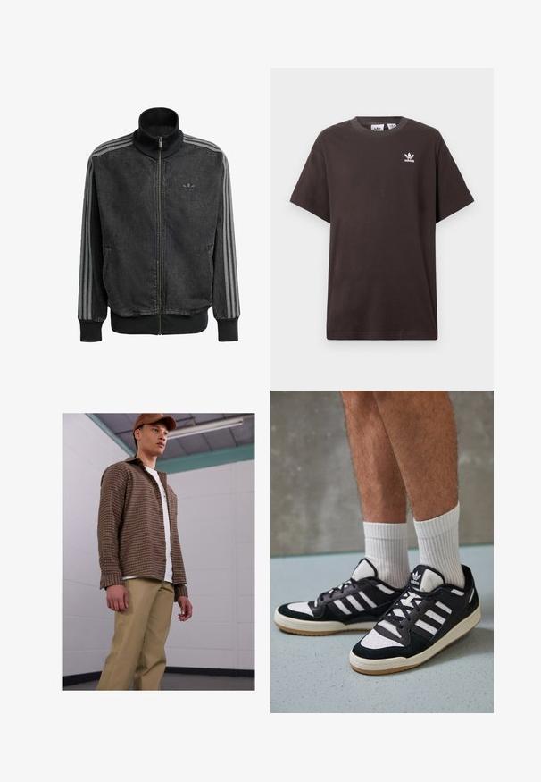 Črna jopica za šport z zadrgo in visokim ovratnikom, s sivimi črtami ob rokavih ter rebrastimi manšetami in spodnjim robom. Ima diskreten logotip na prsih.; Temno rjava bombažna majica s kratkimi rokavi, krožnim izrezom in belim Adidasovim logotipom na levem prsnem delu. Enostaven, sproščen kroj.; Rjava karo gumbasta srajca z dolgimi rokavi, kombinirana s svetlo bež hlačami, oblečena čez belo majico. Model stoji v preprostem notranjem okolju.; Črno-bele superge z zgornjim delom iz usnja in nubuka, ki imajo tri bele črte, perforiran vrh prstov in podplat iz gume.