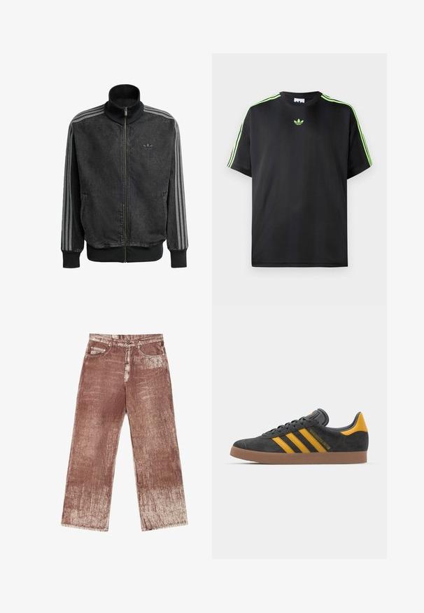 Schwarze Sportjacke mit Reißverschluss und hohem Kragen, graue drei Streifenakzente entlang der Ärmel sowie gerippte Bündchen und Saum. Mit dezentem Logo auf der Brust.; Schwarzes T-Shirt aus glattem Stoff mit Rundhalsausschnitt, das drei grüne Streifen auf den Schultern und ein kleines grünes Logo auf der Brust zeigt.; Braune Denim-Jeans zeichnen sich durch ein strukturiertes, gefächertes Design mit helleren Verblassungen aus. Sie sind mit vier Taschen und silbernen Hardware-Akzenten ausgestattet.; Schwarze Wildledersneaker mit gelben Akzenten, ausgestattet mit drei Streifen und einer braunen Gummisohle. Enthält eine gepolsterte Zunge für zusätzlichen Komfort.