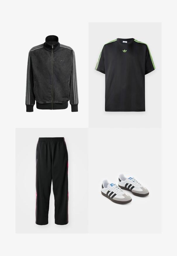 Melnā sporta jaka ar rāvējslēdzēju, augstu apkakli, pelēkiem trīsstipru akcentiem gar piedurknēm un ribotām piedurknēm un apakšmalu. Uz krūtīm ir nedaudz pamanāms logo.; Melnā T-krekls, kas izgatavots no gludas auduma ar apaļu kakla izgriezumu, ar trim zaļām svītrām uz pleciem un mazu zaļu logo uz krūškurvja.; Melnas sporta bikses, kas izgatavotas no gludas auduma, ar brīvu piegriezumu un rozā sānu akcentiem, ar elastīgu jostu ērtībai.; Sporta apavi ar balto ādas virsu, pelēku zamšādas purngalu un trim melnām svītrām. Iezīmē zilu logotipu uz mēles un teksturētu gumijas zoli.