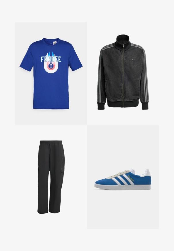 Sort lynlås træningsjakke med høj krave, grå tre-stribede detaljer langs ærmerne og ribbede manchetter og kant. Har et diskret logo på brystet.; Blå bomulds T-shirt med ordet "FRANKRIG" i hvidt og en cirkulær grafik nedenfor, der viser en fodbold og et logo i rødt og blåt.; Sorte cargo bukser med elastisk talje, der har sidelommer, løs pasform og en tekstureret stof. Designet til komfort og funktionalitet.; adidas Originals ADIDAS GAZELLE SHOES - Indendørsfodboldstøvler - real madrid/bluebird/footwear white/crew yellow