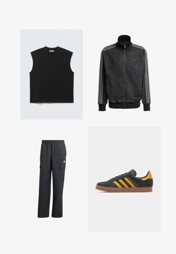 Jaqueta atlética preta com fecho zip frontal e gola alta, detalhes em cinza com três riscas ao longo das mangas e punhos e bainha canelados. Apresenta um logotipo discreto no peito.; Top preto sem mangas feito de um tecido de algodão suave, com um decote redondo e uma silhueta larga com bordas limpas.; Calças cargo pretas com um cós elástico, dois bolsos laterais e um logótipo subtil na coxa esquerda. Feitas de um tecido leve.; Tenis em camurça preta com detalhes amarelos, apresentando três riscas e uma sola de borracha castanha. Inclui uma língua acolchoada para maior conforto.