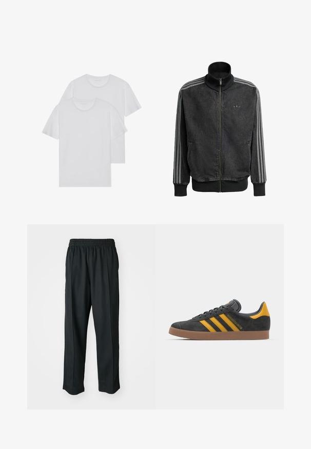 Giacca sportiva nera con zip e colletto alto, accenti grigi a tre strisce lungo le maniche e polsini e orlo a coste. Presenta un logo discreto sul petto.; Due t-shirt bianchi in cotone con collo rotondo, maniche corte e una texture morbida. Entrambi presentano un colore uniforme e nessun motivo o hardware visibile.; Pantaloni sportivi neri con vita elastica, realizzati in tessuto liscio, con cuciture laterali sottili e un fit rilassato, design a gamba dritta.; Sneaker in suede nero con dettagli gialli, dotato di tre strisce e una suola in gomma marrone. Include una linguetta imbottita per il comfort.