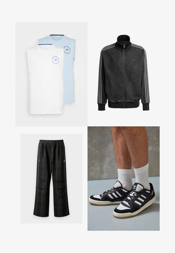 Mustan vetoketjullinen urheilutakki, jossa on korkea kaulus, harmaat kolmi-nauha-akcentit hihoissa sekä ribboneuleet hihoissa ja helmassa. Rinnassa on huomaamaton logo.; Kaksi hihattomia t-paitoja, valkoisena ja vaaleansinisenä. Molemmissa on pyöreät kaula-aukot ja siniset painatukset. Pehmeä puuvillakangas.; Mustat ruudulliset housut, joissa on joustava vyötärö, kaksi etutaskua ja rento istuvuus suoralla lahkeella. Valmistettu kevyestä materiaalista.; Valkoiset ja mustat tennarit, joissa on mokkanahka- ja nahkapäällinen, kolme valkoista raitaa, rei'itetty kärki ja kumipohja.