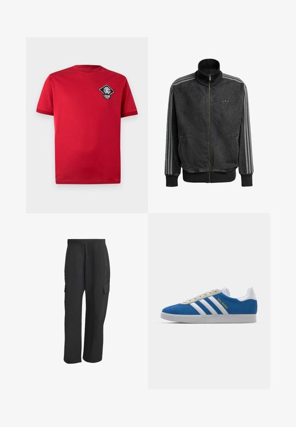 Schwarze Sportjacke mit Reißverschluss und hohem Kragen, graue drei Streifenakzente entlang der Ärmel sowie gerippte Bündchen und Saum. Mit dezentem Logo auf der Brust.; Rotes Baumwoll-T-Shirt mit kurzen Ärmeln, rundem Ausschnitt und einem schwarz-weißen, rhombusförmigen Logo-Patch auf der linken Brust.; Schwarze Cargo-Hosen mit elastischem Bund, ausgestattet mit Seitentaschen, lockerer Passform und strukturiertem Stoff. Entwickelt für Komfort und Funktionalität.; adidas Originals ADIDAS GAZELLE SHOES - Indoor-Fußballschuhe - real madrid/bluebird/footwear white/crew yellow