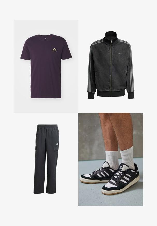 Melnā sporta jaka ar rāvējslēdzēju, augstu apkakli, pelēkiem trīsstipru akcentiem gar piedurknēm un ribotām piedurknēm un apakšmalu. Uz krūtīm ir nedaudz pamanāms logo.; Violeta kokvilnas T-krekls ar apaļu kaklu, īsām piedurknēm un zelta logo ar spārniem augšējā kreisajā pusē. Mīksta tekstūra, ikdienišķs dizains.; Melni cargo bikses ar elastīgu jostasvietu, divām sānu kabatām un diskrētu logotipu kreisajā augšstilbā. Izgatavotas no viegla auduma.; Melnas un baltas kedas ar zamša un ādas augšdaļu, kas aprīkotas ar trim baltām svītrām, perforētu purngali un gumijas zolēm.