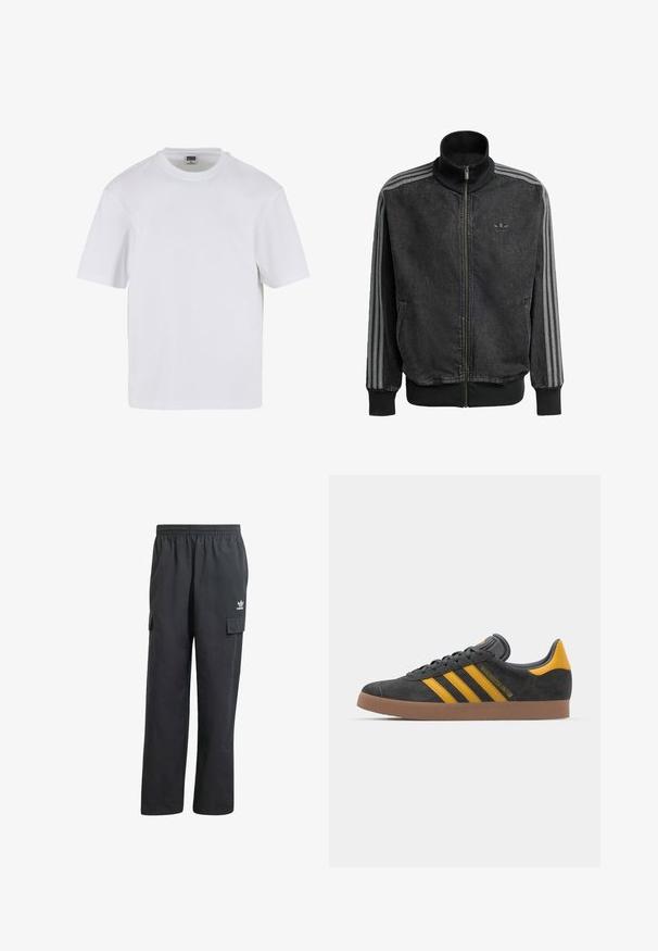 Mustan vetoketjullinen urheilutakki, jossa on korkea kaulus, harmaat kolmi-nauha-akcentit hihoissa sekä ribboneuleet hihoissa ja helmassa. Rinnassa on huomaamaton logo.; Valkoinen lyhythihainen t-paita, joka on valmistettu puuvillasta. Ominaisuuksia ovat pyöreä kaula-aukko ja väljä istuvuus. Silkkinen pinta, minimalistische design ilman kuvioita tai yksityiskohtia.; Mustat cargo-housut, joissa on joustava vyötärö, kaksi sivutaskua ja huomaamaton logo vasemmassa reidessä. Valmistettu kevyestä kankaasta.; Mustat samettiset tennarit, joissa on keltaisia yksityiskohtia, kolmonen raita ja ruskea kumipohja. Sisältää pehmustetun kielisen mukavuutta varten.