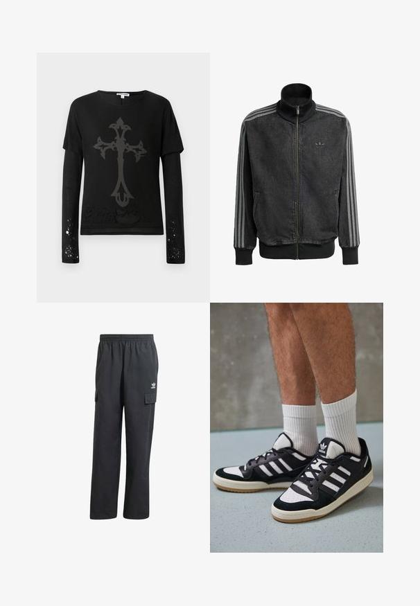 Zwarte sportjas met rits en hoge kraag, grijze drie-streepaccenten langs de mouwen en geribbelde manchetten en zoom. Bevat een subtiel logo op de borst.; Zwart langemouwen shirt met korte mouwen overlay, met een groot grijs kruisontwerp en versleten accenten nabij de zoom en mouwen.; Zwarte cargobroek met een elastische tailleband, twee zijzakken en een subtiel logo op de linker dij. Gemaakt van een lichtgewicht stof.; Zwart-witte sneakers met een bovenwerk van suede en leer, voorzien van drie witte strepen, een geperforeerde neus en een rubberen gumzool.