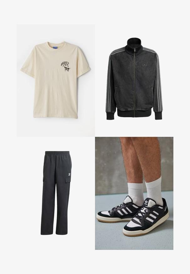 Chaqueta deportiva negra con cremallera y cuello alto, detalles en gris con tres franjas a lo largo de las mangas y puños y dobladillo acanalados. Presenta un sutil logo en el pecho.; Camiseta de algodón color crema con mangas cortas, que presenta un texto gráfico negro y una ilustración en el área del lado izquierdo del pecho.; Pantalones cargo negros con una cinturilla elástica, dos bolsillos laterales y un logo sutil en el muslo izquierdo. Fabricados con una tela ligera.; Zapatillas en blanco y negro con parte superior de ante y cuero, que presentan tres franjas blancas, una puntera perforada y una suela de goma.