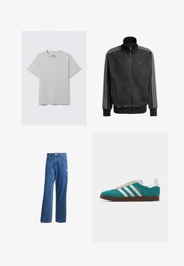 Svart treningsjakke med glidelås og høy krage, grå tre-stripe detaljer langs ermene, samt ribbet mansjetter og nederkant. Har en subtil logo på brystet.; Lys grå bomull T-skjorte med rund hals og korte ermer, med et minimalistisk design og en avslappet passform. Ingen mønstre eller detaljer.; Blå høyhalsede vide denimjeans med frontlommer, belteholdere, knappelukking og liten Adidas-logo på høyre lår.; adidas Originals ADIDAS GAZELLE SHOES - Innendørsfotballsko - liverpool fc/sea green/footwear white