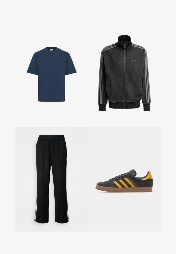 Mustan vetoketjullinen urheilutakki, jossa on korkea kaulus, harmaat kolmi-nauha-akcentit hihoissa sekä ribboneuleet hihoissa ja helmassa. Rinnassa on huomaamaton logo.; Laivastonsininen puuvillapaita, jossa on pyöreä kaula-aukko, lyhyet hihat ja suora helma. Paidassa on pieni merkkilappu vasemmalla alhaalla.; Mustat urheiluhousut, joissa on joustava vyötärö, valkoiset sivuraidat ja pieni logo. Materiaali näyttää pehmeältä ja kevyeltä.; Mustat samettiset tennarit, joissa on keltaisia yksityiskohtia, kolmonen raita ja ruskea kumipohja. Sisältää pehmustetun kielisen mukavuutta varten.