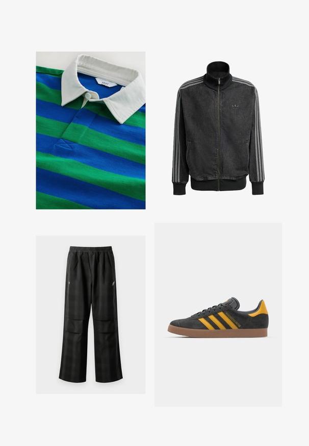 Svart zip-up träningsjacka med hög krage, grå tre-stripes detaljer längs ärmarna samt ribbade ärmslut och nederkant. Har en subtil logotyp på bröstet.; Pikétröja med horisontella ränder i blått och grönt, med en vit krage och en knapp framtill. Mjuk bomullsduk med slät textur.; Svarta rutiga byxor med elastisk midja, två framfickor och en lös passform med rak bendesign. Tillverkade av lätt material.; Svart mockaskor med gula accenter, med tre ränder och en brun gummisula. Inkluderar en vadderad tunga för extra komfort.