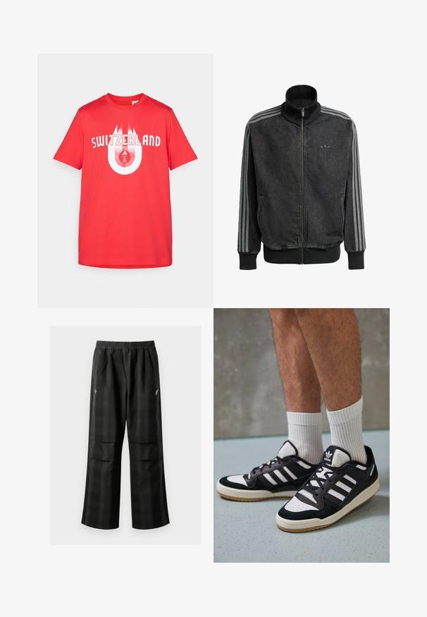 Schwarze Sportjacke mit Reißverschluss und hohem Kragen, graue drei Streifenakzente entlang der Ärmel sowie gerippte Bündchen und Saum. Mit dezentem Logo auf der Brust.; Rotes Baumwoll-T-Shirt mit dem Schriftzug "SCHWEIZ" in weißer Schrift, ausgestattet mit einem kreisförmigen grafischen Design, das das Schweizer Logo integriert. Kurze Ärmel.; Schwarze karierte Hosen mit elastischem Bund, zwei Fronttaschen und lockerer Passform im geraden Beinschnitt. Hergestellt aus leichtem Material.; Schwarz-weiße Sneaker mit einem Obermaterial aus Wildleder und Leder, ausgestattet mit drei weißen Streifen, einer perforierten Zehenpartie und einer Sohle aus Gummi.