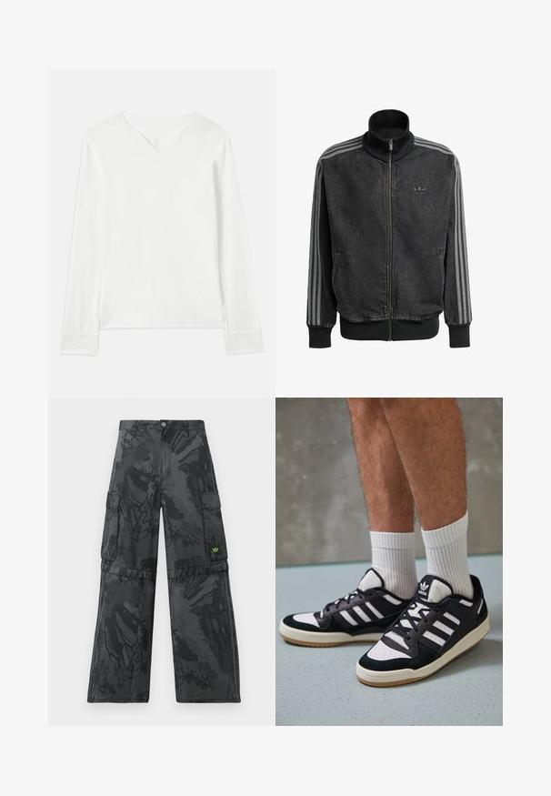 Sort lynlås træningsjakke med høj krave, grå tre-stribede detaljer langs ærmerne og ribbede manchetter og kant. Har et diskret logo på brystet.; Langærmet hvid top med V-udskæring, blød tekstur og sideslidser. Har et simpelt design uden pynt eller mønstre.; Cargo bukser i sort med et struktureret, mørkt mønster. Har flere sidelommer og en lille grøn logoaccent foran.; Sorte og hvide sneakers med en overdel i ruskind og læder, der har tre hvide striber, en perforeret tå og en sål i gummigummi.