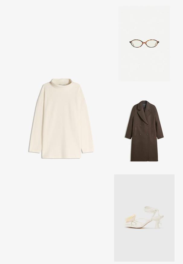 Brązowy podwójnie zapinany wełniany płaszcz z szerokimi klapami, czterema guzikami, długimi rękawami i dwoma przednimi kieszeniami szczelinowymi, leży płasko na białym tle.; Kremowy sweter z golfem, z długimi rękawami, luźny krój i boczne rozcięcia na dole. Wykonany z miękkiej, fakturowanej tkaniny.; Białe sandały na wysokim obcasie z odkrytymi palcami, z cienkimi paskami. Posiadają dekoracyjny akcent w postaci żółtego płatka oraz smukły pasek wokół kostki.; Okulary w kolorze tortoiseshell z owalnymi soczewkami i gładkim, eleganckim wykończeniem. Posiadają cienkie boki z delikatnym łukiem w okolicy skroni. Przezroczyste soczewki.; Beżowa skórzana torba na ramię o kształcie półksiężyca, gładkiej fakturze i pojedynczym zakrzywionym uchwycie. Posiada zamek błyskawiczny oraz staranne przeszycia.