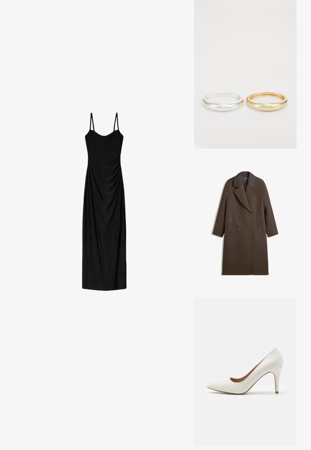 Bruna villakangastakki, jossa on leveät läpät, neljä nappia, pitkät hihat ja kaksi etureikätaskua, aseteltuna tasaisesti valkoiselle taustalle.; Mustat midi-mekko, jossa on ohuet säädettävät olkaimet. Mekossa on liehuva muotoilu ja sileä pinta. Ei näkyviä kuvioita tai koristeluja.; Valkoinen lakaistettu korkeakorkoinen kenkä, jossa on terävä kärki ja sileä pinta, hennolla korolla ja matalalla leikkauksella avauksessa.; Metallinen kultainen clutch, jossa on sileä ja pyöreä muoto. Sen yläosassa on nappilukko ja pieni ketjuhihna kuljettamista varten.; Zign 2 PACK - Rannekoru - gold-coloured/silver-coloured