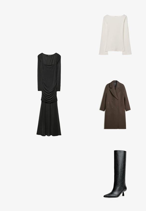 Bruine dubbel-breasted wollen jas met brede revers, vier knopen, lange mouwen en twee voorzakken, plat gelegd op een witte achtergrond.; Zwarte jurk met lange mouwen en een ronde halslijn, met een gerimpelde romp. Vloeiende rok met een zachte textuur, met een volle zoom.; Crèmekleurige top met lange mouwen, een brede halslijn en uitlopende mouwen. Glad, lichtgewicht stof. Eenvoudig, minimalistisch ontwerp zonder versieringen.; Zwarte kniehoge laars gemaakt van gestructureerd leer. Heeft een spitse neus en een kleine, vloeiende hak. Strakke, gladde vormgeving met minimale accenten.; Zwarte lederen handtas met gevlochten handvatten, ritsvak en hangende franjes. Gelaagde oppervlakte met metalen studs en hardwareaccenten.