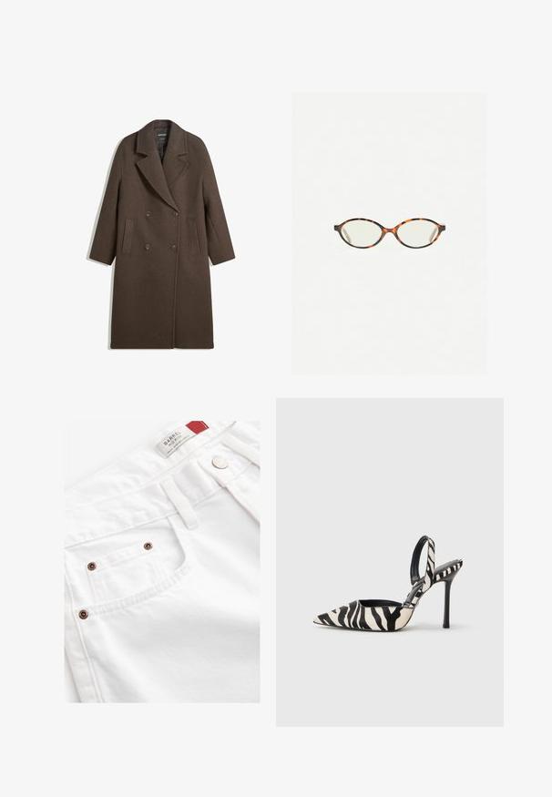 Brązowy podwójnie zapinany wełniany płaszcz z szerokimi klapami, czterema guzikami, długimi rękawami i dwoma przednimi kieszeniami szczelinowymi, leży płasko na białym tle.; Biała bluza z długim rękawem i okrągłym dekoltem, z ściągaczami przy mankietach i dolnym wykończeniu, charakteryzująca się miękką, lekko puszystą fakturą.; Białe dżinsowe szorty z średnim stanem, pięcioma kieszeniami i akcentami w kolorze miedzi. Teksturowany materiał z haftowanymi detalami.; Czarnobiały sandał na wysokim obcasie typu slingback z motywem zebry, z noskiem w szpic i smukłym obcasem typu szpilka na jednolitym tle.; Okulary w kolorze tortoiseshell z owalnymi soczewkami i gładkim, eleganckim wykończeniem. Posiadają cienkie boki z delikatnym łukiem w okolicy skroni. Przezroczyste soczewki.