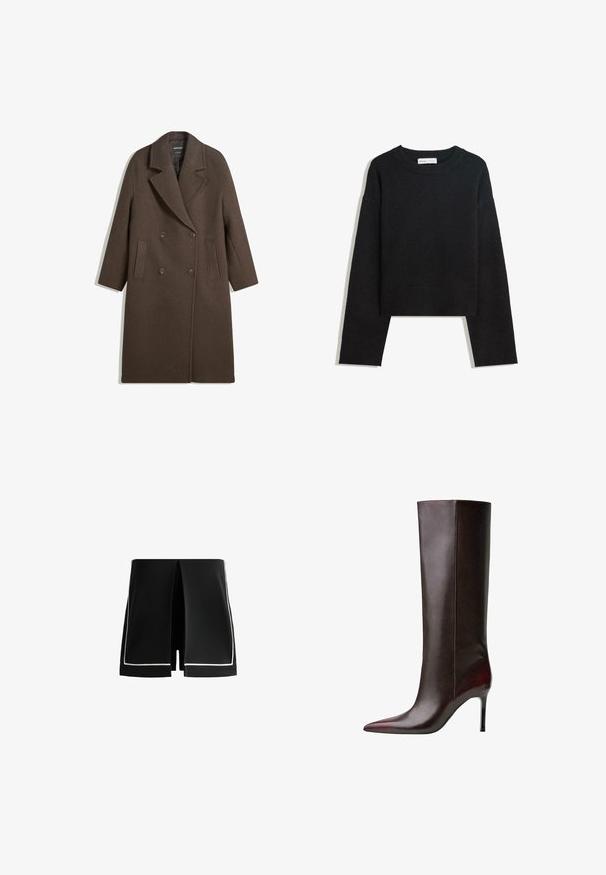 Palton din lână, maro, cu guler lat, cu două rânduri de nasturi, patru nasturi, mâneci lungi și două buzunare frontale cu fante, așezat pe un fundal alb.; Pulover tricotat negru cu mânecă lungă, guler rotund, manșete și tivș ribetate și lungime scurtă.; Shorts negri cu un design unic cu despicare, având o margine albă. Confectionați dintr-un material ușor, au o croială modernă, curată.; Botină din piele maro, până la genunchi, cu un design cu vârf ascuțit, textură elegantă și toc stiletto. Detalii cu cusături de-a lungul lateralei.